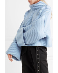 Jil Sander Oversized Ribbed Wool Blend Turtleneck Sweater Blue