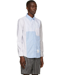 Thom Browne Blue Grey Patchwork Hairline Check Shirt