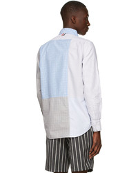 Thom Browne Blue Grey Patchwork Hairline Check Shirt