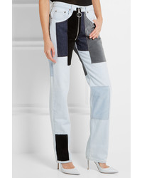 Off-White Patchwork Velvet Paneled Mid Rise Straight Leg Jeans Light Blue