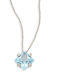 Square 211 Blue Topaz Diamond 18k White Gold Pendant Necklace