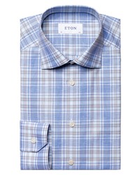 Eton Contemporary Fit Plaid Cotton Linen Dress Shirt In Medium Blue At Nordstrom