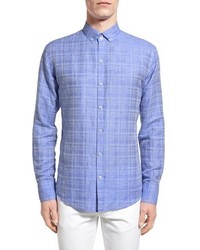 Light Blue Plaid Linen Long Sleeve Shirt