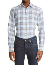 Canali Classic Fit Plaid Linen Button Up Shirt