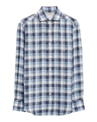 Brunello Cucinelli Slim Fit Plaid Linen Cotton Button Up Shirt In C015 Azzurro At Nordstrom