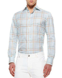 Isaia Windowpane Plaid Woven Sport Shirt Bluecopper