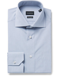 Ermenegildo Zegna Blue Slim Fit Cutaway Collar Checked Cotton Poplin Shirt