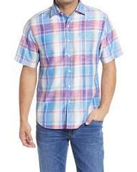 Tommy Bahama Plaid Short Sleeve Cotton Blend Button Up Shirt