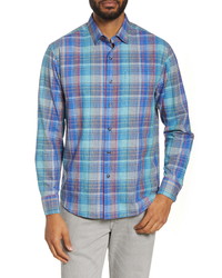 Light Blue Plaid Silk Long Sleeve Shirt