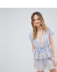 Asos Tall Asos Design Tall Stripe Embroidered Frill Tiered Beach Playsuit