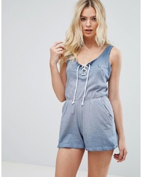 Brave Soul Joey Tie Front Playsuit In Wash Effect