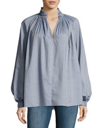 Tibi Edwardian Blouson Sleeve Pleated Chambray Top