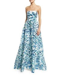Monique Lhuillier Strapless Pleated Floral Ball Gown Pacific Bluemulti