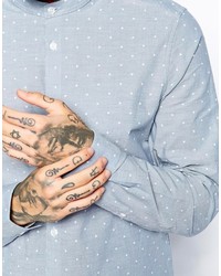Asos Smart Shirt In Long Sleeve With Chambray Polka Dots And Grandad Collar