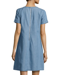 Neiman Marcus Pin Dot Short Sleeve Shift Dress Blue