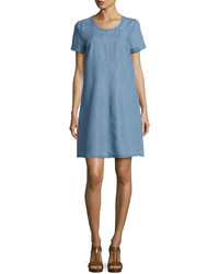 Neiman Marcus Pin Dot Short Sleeve Shift Dress Blue