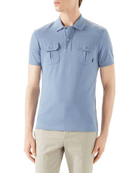 Gucci Light Blue Short Sleeve Pique Military Polo W Chest Pockets