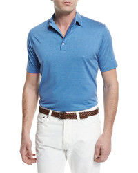 Isaia Short Sleeve Silk Blend Polo Shirt Blue