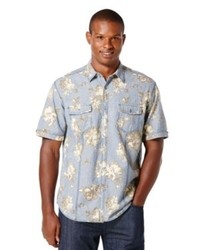 Cubavera Shirt Slim Fit Short Sleeve Floral Chambray Linen Blend Shirt