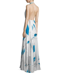 Milly Abstract Print Chiffon Halter Gown
