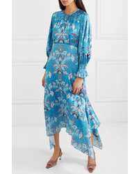 Peter Pilotto Floral Print Stretch Hammered Silk Midi Dress