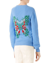 Gucci Corsage Intarsia Wool Knit Top Light Blue