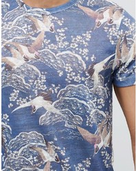 Asos Brand T Shirt With Floral And Bird Print In Linen Look Fabric In Navy