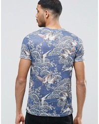 Asos Brand T Shirt With Floral And Bird Print In Linen Look Fabric In Navy