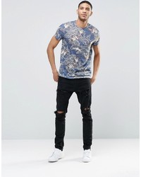 Asos Brand T Shirt With Floral And Bird Print In Linen Look Fabric In Navy