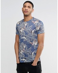 Asos Brand T Shirt With Floral And Bird Print In Linen Look Fabric In Navy