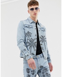 Criminal Damage Co Ord Denim Jacket In Blue With Palm Print