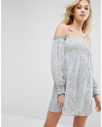 Light Blue Print Denim Off Shoulder Dress