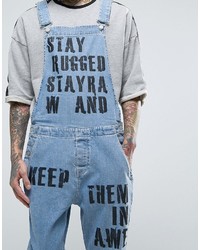 Asos Denim Overalls In Washed Mid Blue With Text Print