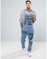 Asos Denim Overalls In Washed Mid Blue With Text Print