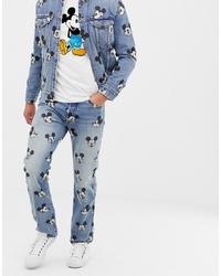Levi's 501 Original Jeans Mickey Mouse Print In Light Wash