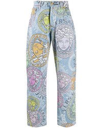 Versace All Over Logo Print Straight Jeans