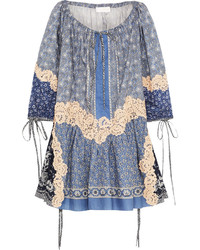 Chloé Printed Lace Appliqud Cotton And Silk Blend Voile Mini Dress Blue