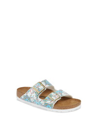 Light Blue Print Leather Flat Sandals