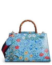 Gucci Large Nympha New Flora Print Leather Top Handle Tote Blue