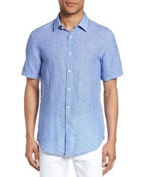 Light Blue Print Linen Short Sleeve Shirt
