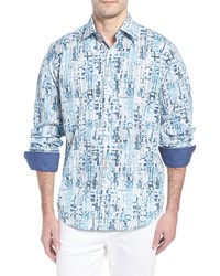 Bugatchi Classic Fit Abstract Stripe Print Sport Shirt In Aqua At Nordstrom