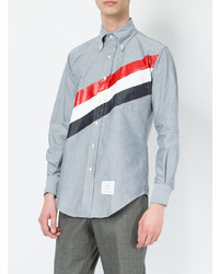 Thom Browne Long Sleeve Shirt With Printed Diagonal Stripe In Navy Oxford