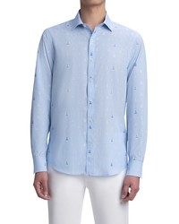 Bugatchi Shaped Fit Pinstripe Sailboat Print Button Up Shirt In Sky At Nordstrom