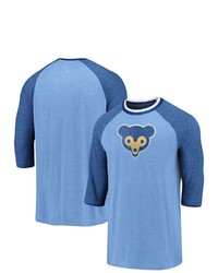 FANATICS Branded Blue Chicago Cubs Cooperstown Collection True Classics Logo Raglan Tri Blend 34 Sleeve T Shirt