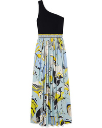 Emilio Pucci One Shoulder Stretch Knit And Printed Crepe Maxi Dress