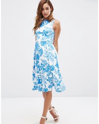 Asos Collection Cut Out Back Midi Dress In Blue Floral Print