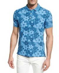 Isaia Tropical Flora Batik Print Polo Shirt Blue