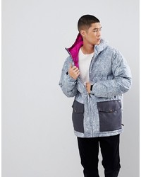 Analog Kilroy Ski Puffer Jacket Hooded Washed Denim Print In Blue