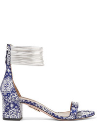 Aquazzura Spin Me Around Leather Trimmed Printed Twill Sandals Blue
