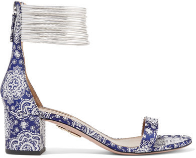 Aquazzura Spin Me Around Leather Trimmed Printed Twill Sandals Blue 580 Net A Porter Com Lookastic